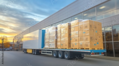 Optimizing delivery boxes packed and loaded onto a large truck outside a warehouse during sunset hours