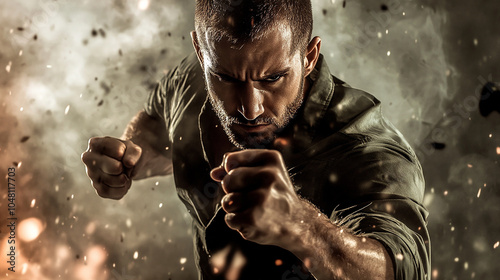 Man in Fighting Position with Intense Expression