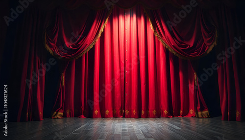 Red velvet stage curtains illuminated by a spotlight, ready for a dramatic performance