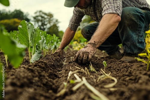 A farmer using a no-till technique on a regenerative farm, with healthy soil full of organic matter and roots.