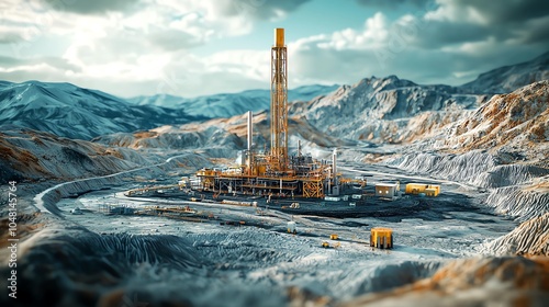 42 Geothermal plant with deep drilling rigs, volcanic setting, 3D illustration