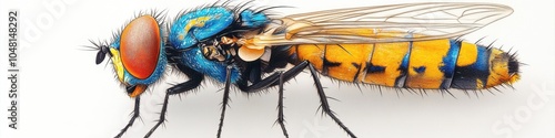 Close-up of a vibrant blue and orange fly with intricate wing details.