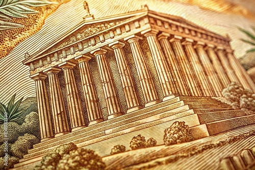 Architectural Photography of 1947 Greece Drachma Banknote Featuring Ancient Philosophy Elements and Artistic Details in