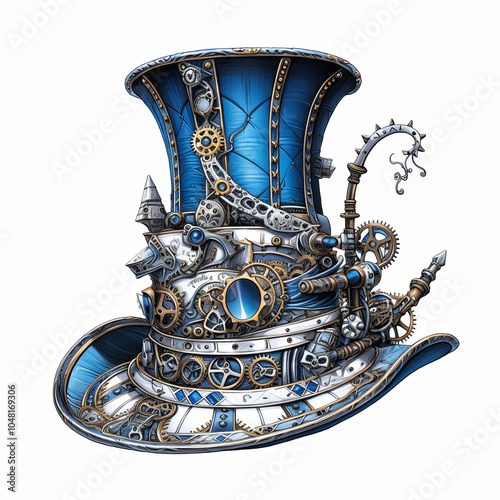 Blue steampunk style top hat with gears and rivets isolated on a white background