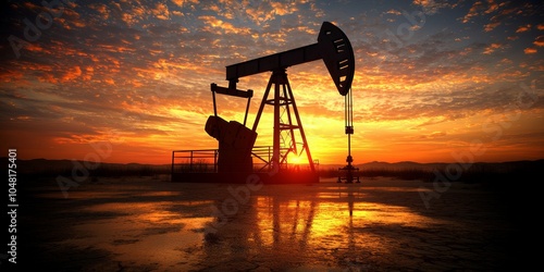 Oil pump jack silhouette against a vibrant sunset sky reflects the energy sector's impact on natural resources.