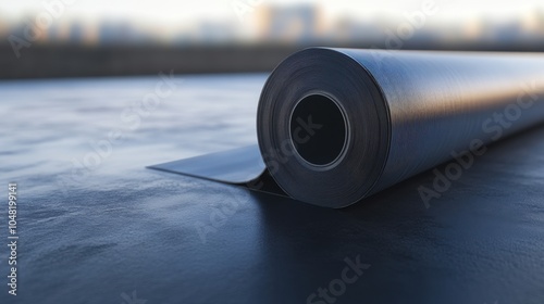 EPDM material roll on a flat modern roof, showcasing innovative roofing techniques in contemporary construction for durability and weather resistance.