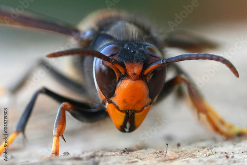 Facial closeup on the agressive , invasive Asian hornet, VEspa velutina a major pest for honey-bee keepers