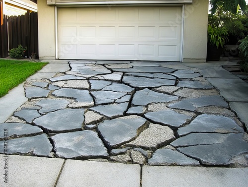 Driveway with crack in ground next to garage