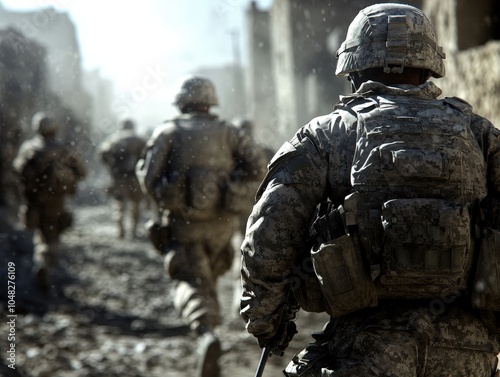 A group of soldiers wearing camouflaged uniforms march along a dusty path, highlighting themes of bravery, unity, and military duty in bright daylight.