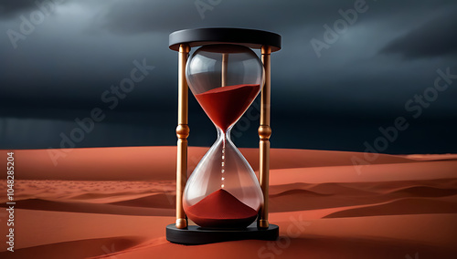 hourglass red sand dark stormy sky time concept deadline approaching