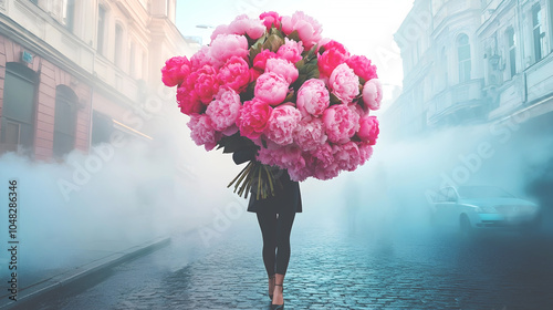 Person holding an enormous bouquet of pink peonies, walking down a foggy cobblestone street with buildings in the background, creating a surreal and romantic atmosphere