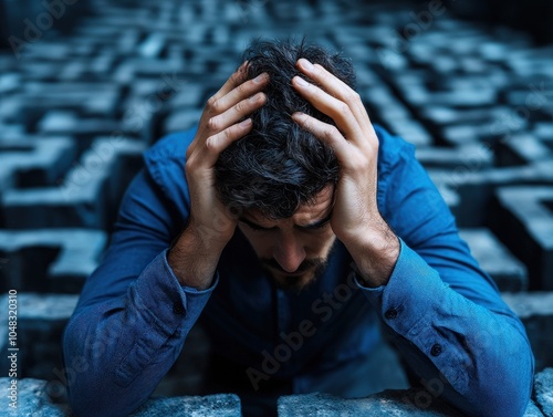 A frustrated man sits in a symbolic maze, holding his head in his hands, depicting feelings of helplessness, confusion, and the complexity of life's challenges.