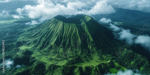  A dead volcano that hasn't erupted, but is now covered in deep, lush forests and clouds