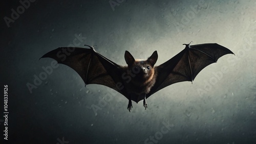 A bat flying in a dark cave with a dramatic backdrop, showcasing its wings and nocturnal nature during twilight hours