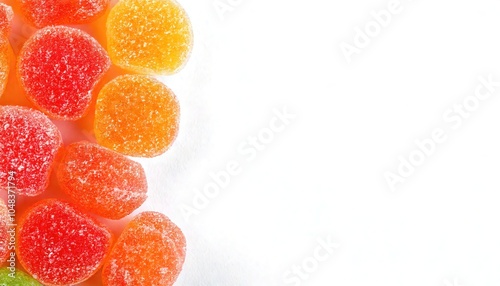 Gumdrops gum drop are a type of gummy candy with brightly colored pectin based pieces, often coated in granulated sugar and having fruit and spice flavor. Isolated on white background with copy space