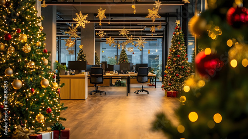 Modern office space is decorated for the holidays with christmas trees, lights, and festive cheer