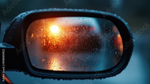 A car's wet side mirror, beaded with rain, reflects bright city traffic lights, creating an impressionistic and moody image of an urban night experience.