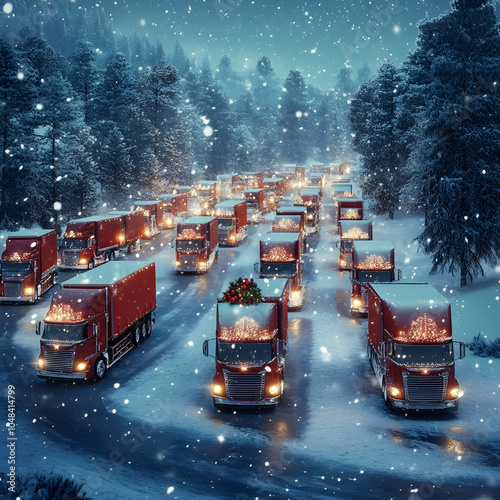 Infinite rows of Christmas decorated trucks carrying gifts on the highway in a winter forest covered with snow in snowfall.