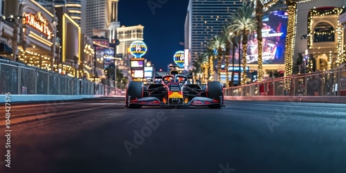 Formula One Car Racing on the Las Vegas Strip at Night