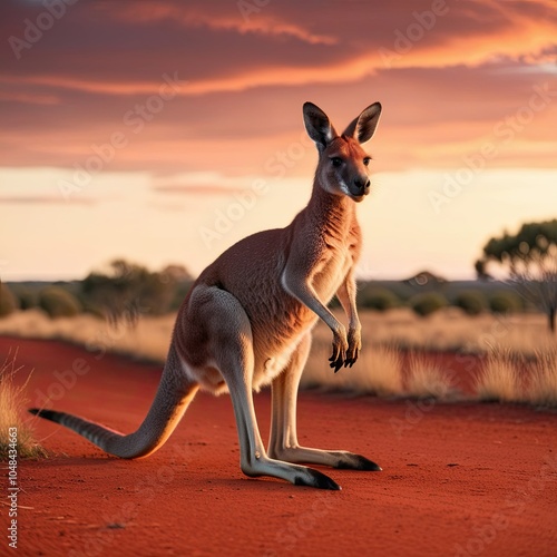 Elegant red kangaroo in mid-jump Its powerful legs and tail propelled it across the rust-red ground of the outback