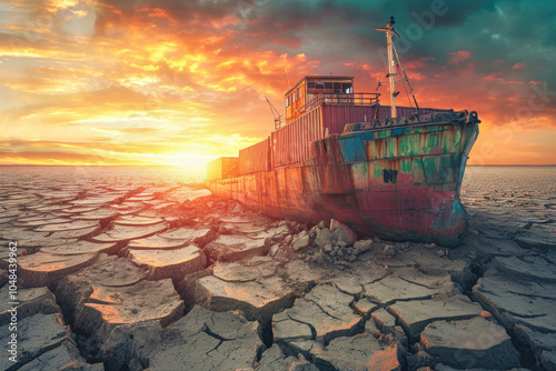 Old rusty stranded ship aground in cracked earth desert landscape at sunset