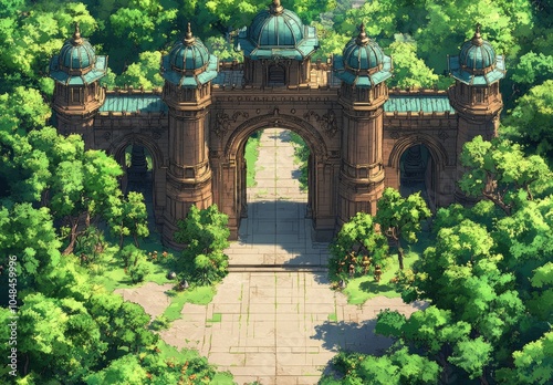 A grand, ornate archway surrounded by lush greenery, suggesting a mystical entrance.