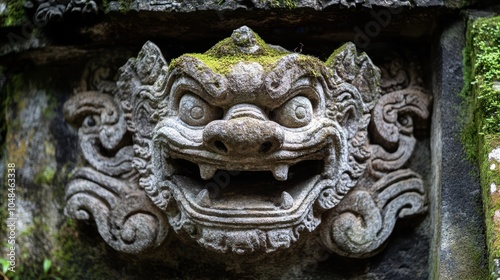 Detailed Stone Carving of a Mythical Creature with Moss