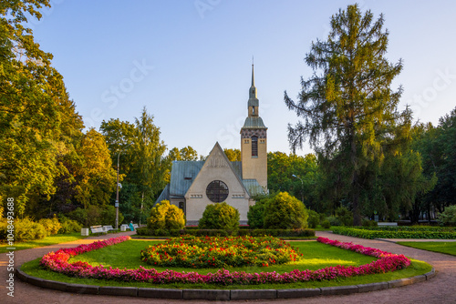 Lutheran Church of the Transfiguration of the Lord (built in 1908), town Zelenogorsk, Kurortny District of Saint Petersburg, Russia. View of the beautiful Protestant church with a bell tower.