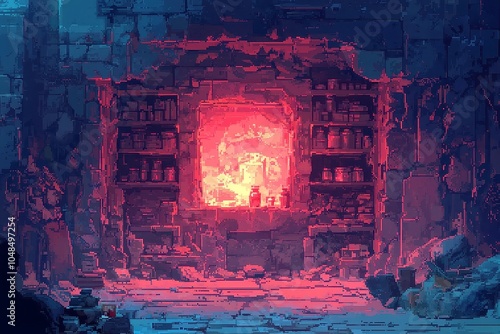 Enchanting alcoves filled with vibrant health and mana potions, pixel art depiction, inviting adventurers to discover magical elixirs in a whimsical fantasy realm