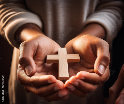 Manos con una cruz de madera en ofrenda