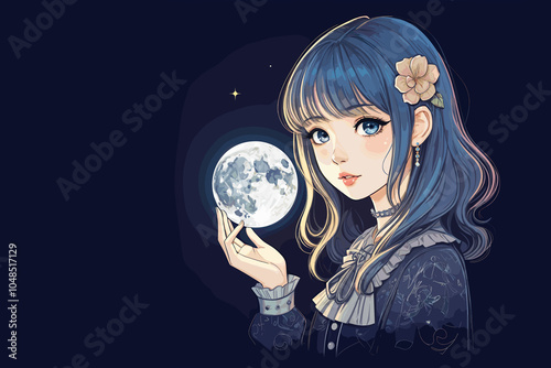 Anime princess holding the moon in her hand, silent night belongs to her, she has blue eyes and bop hairstyle with flower above her ear and frilly dress - isolated background.