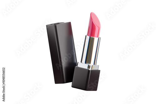 Flying glossy pink lipstick with lid isolated on black background. Female luxury makeup product. Decorative cosmetics, beauty concept. 3d rendered illustration