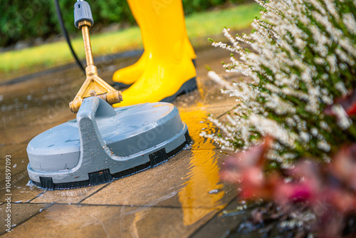 Pressure Washer Cleaning Patio Tiles With a Person in Yellow Boots on a Sunny Day