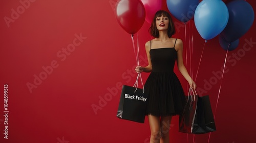 Young woman in black dress with balloons and shopping bags during Black Friday