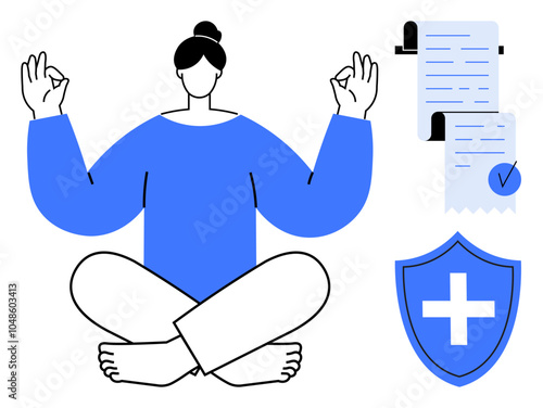 A person sits cross-legged in a meditative pose with a calm expression. Visible are insurance-related documents and a shield symbol with a cross. Ideal for mindfulness, wellness, insurance, health