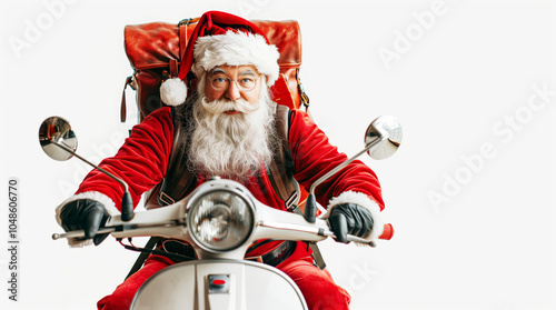 Santa Claus on a moped with a bag of gifts, copyspace