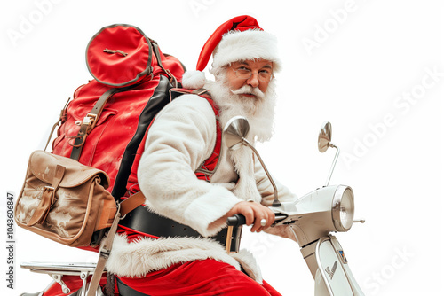 Santa Claus on a moped with a bag of gifts