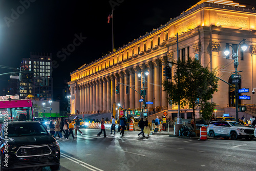 Moynihan Train Hall at Penn Station at night