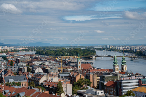 Budapest downtown - drone aerial video of the Hungarian capital. Buda and Danube river at sunrise. Aerial drone view of the Budapest city. Drone view of the capitol city Budapest.