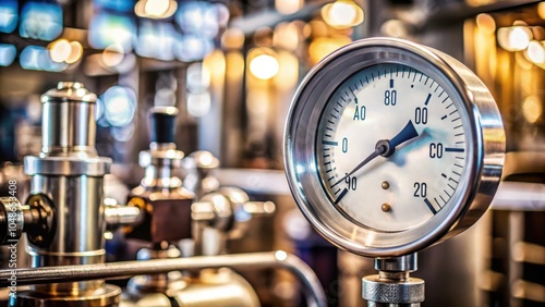 A Close-up of a Silver Pressure Gauge Mounted on a Piping System, with a Blurred Background of Industrial Equipment and Lights