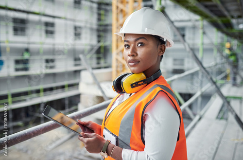 Black woman, tablet and construction for engineering, vision and site assessment with floor plan. Architect, tech and contractor thinking for project management, building development and renovation