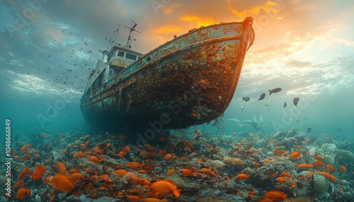 A sunken ship rests among colorful underwater debris, showcasing the harsh impact of pollution on marine environments.