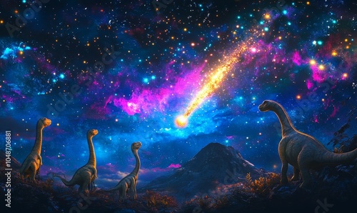 Dinosaurs gazing at a fiery comet in a starry sky.