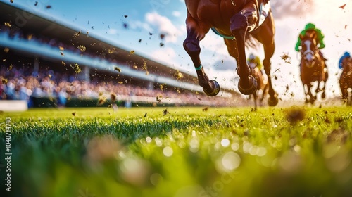 Wide-angle shot of horses racing towards the finish line at the Melbourne Cup, with spectators blurred in the background, vibrant motion and dynamic natural lighting