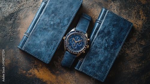 A classic chronograph wristwatch with leather strap between two blue leather bound journals on a rustic background.