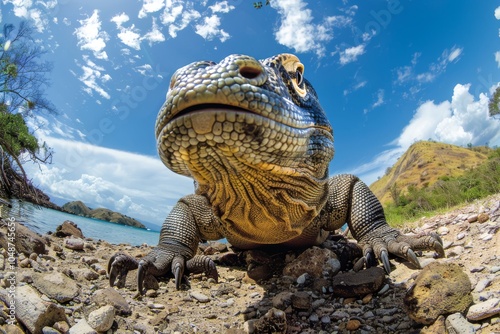 Fish-eye Lens Effect of a Komodo Dragon Licking the Air - On a rocky island with sparse vegetation