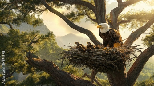 A bald eagle nest with an adult eagle feeding its chicks, set high in a tall tree.