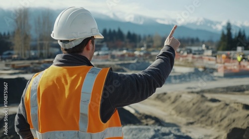 Site engineer supervising a team, hard hat on, pointing towards different construction areas to ensure smooth workflow.