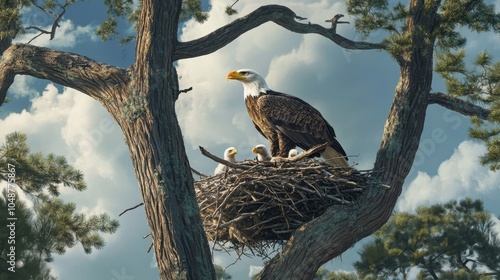 A bald eagle nest with an adult eagle feeding its chicks, set high in a tall tree.