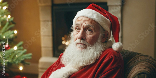 depressed sad poverty or homeless or burn-out Santa Claus sits on sofa in living room at early evening